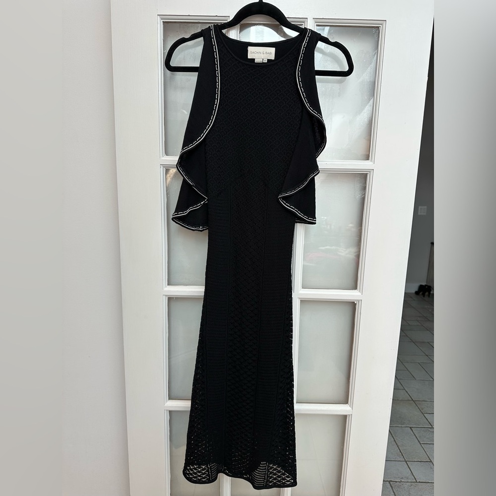 Sachin & Babi Black Cocktail Formal Knit Elegant Maxi Dress Ruffle Size XS